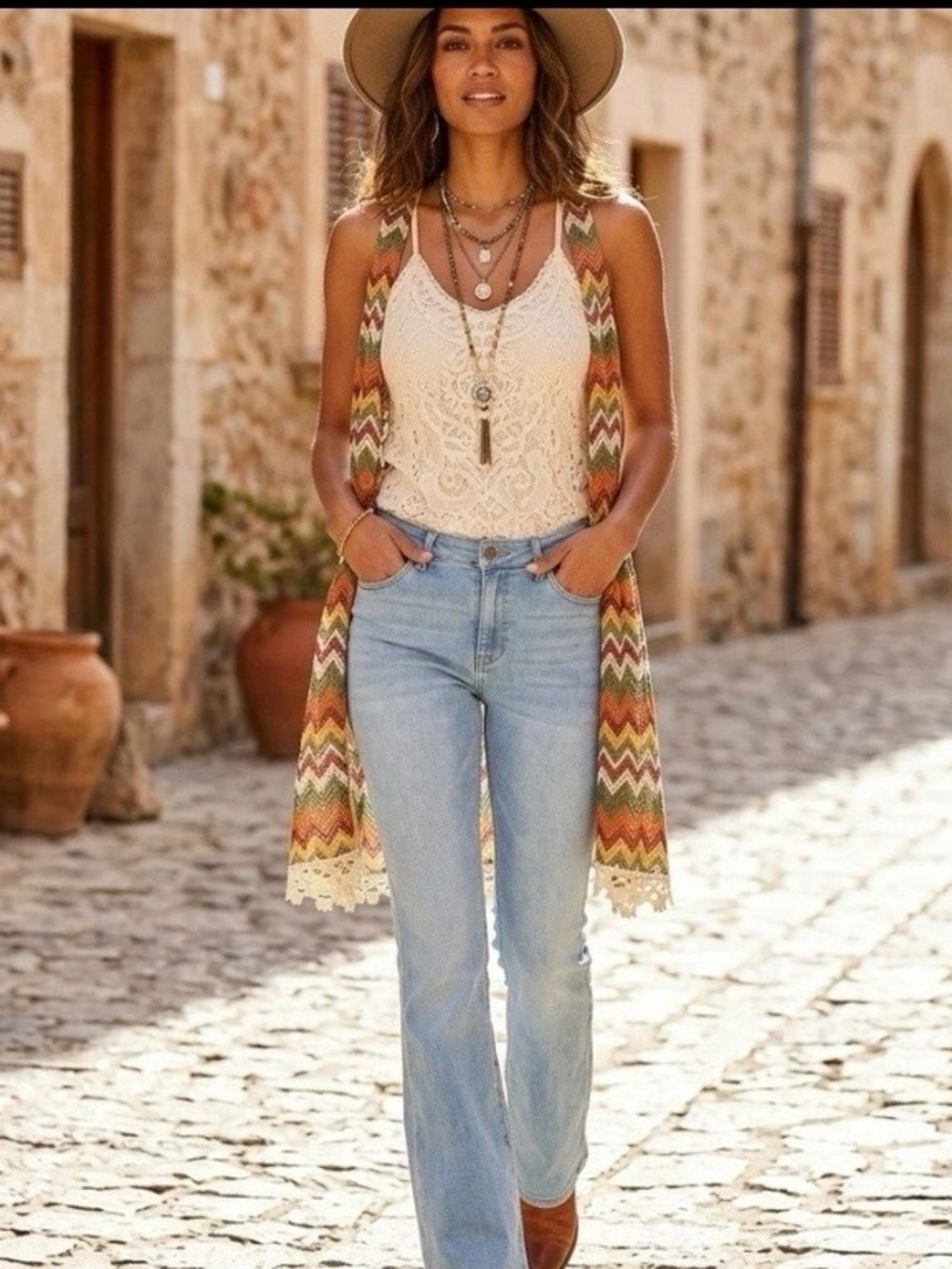 Women L Multicolor Crochet Duster Vest Boho Knit Hippie Festival Indie Artisan